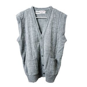 Vtg 70s Career Club Mens Gray Medium Sweater Knit Cardigan Vest Pockets Grandpa